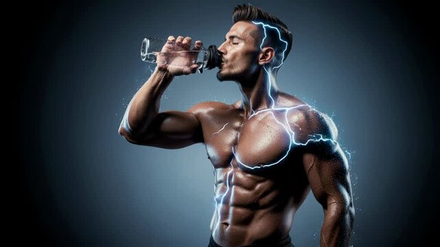 Muscular man drinking water with electric energy effect fitness hydration healthy lifestyle