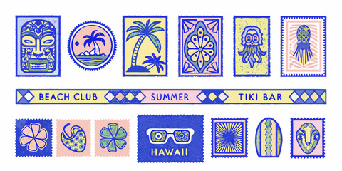 Tropical summer stamp collection hand drawn style with beach and tiki themes © Ajay