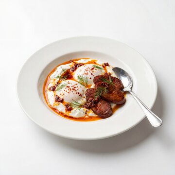 Breakfast Plate with Creamy Turkish Eggs Garlic Yogurt Chili Butter and Beef Sujuk Delight