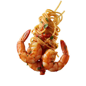 Succulent king prawns and al dente spaghetti tossed in tomato basil sauce suspended in mid-air against a dark minimalist background, gourmet culinary atmosphere