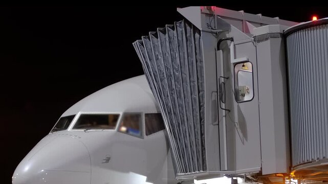 Airplane cockpit boarding gate Jetway connecting aerobridge jet bridge or jetway or airbridge to plane, Airport terminal maintenance crew aircraft