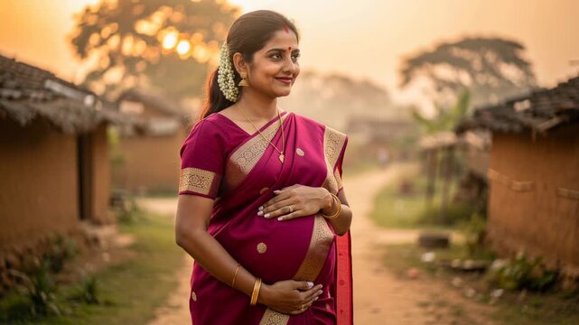 Happy pregnant Indian woman in traditional saree smiling outdoors in rural village at sunset
