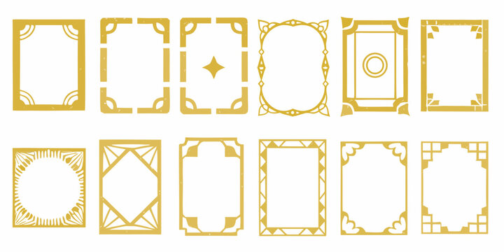 Set of ten golden art deco frames on a white background