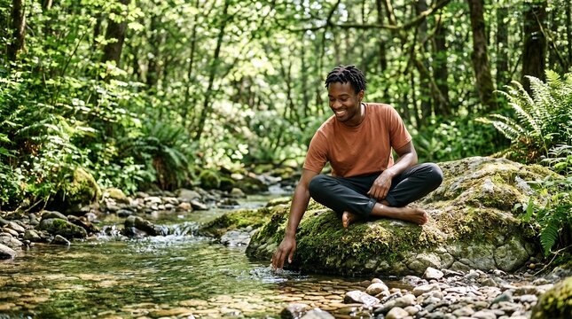 African American man sitting on rock touching water in lush green forest.