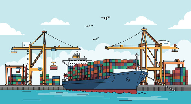 Large cargo container ship is being loaded by industrial cranes at a busy maritime port with a background of blue sea and sky.