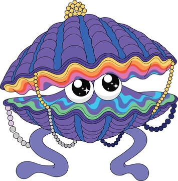 Vibrant clam shell diva vector illustration with beads and pearls