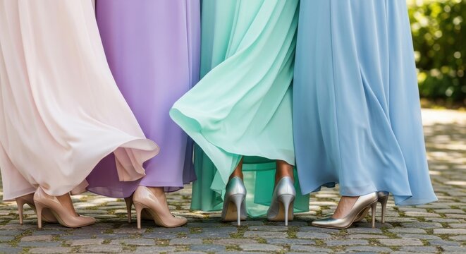 Women in colorful long evening dresses standing on stone pavement. Elegant bridesmaids in pastel gowns wearing high heel shoes. Celebration, wedding fashion and friendship concept.