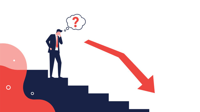 Concerned businessman standing on a set of stairs and looking at a large red downward arrow while a question mark appears.
