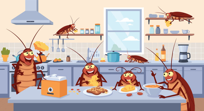 Large group of funny cartoon cockroaches is having a feast with various food items on the counters and floor of a clean domestic kitchen.