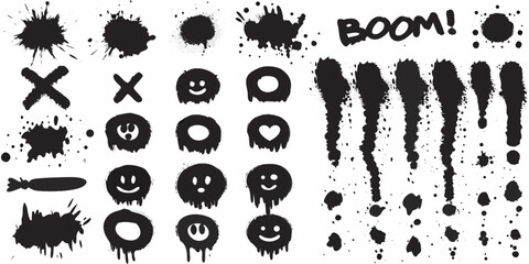 Grunge splatter shapes and icons black ink on white background © Ajay