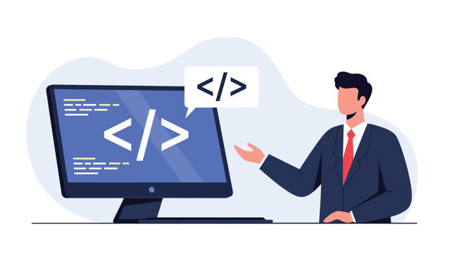 Software developer pointing at a computer monitor displaying coding symbols and a speech bubble for tech communication.