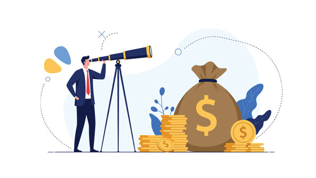 Businessman looks through telescope at large bag of money and stacks of gold coins symbolizing financial forecasting and future investment goals.