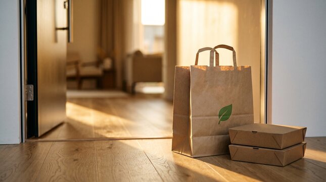 Paper food delivery bags with eco-friendly logo left at front door.