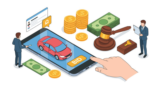 Conceptual isometric illustration shows an online car auction on a smartphone screen with bidders money stacks and an auctioneer gavel.