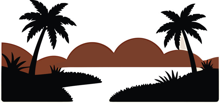 Tropical island landscape silhouette vector illustration with palm trees and brown desert hills