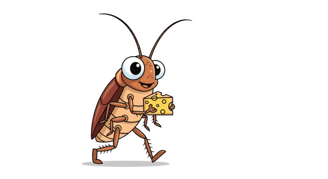 Cute cartoon cockroach with large eyes is walking cheerfully while carrying a small triangular piece of yellow cheese in its hands.