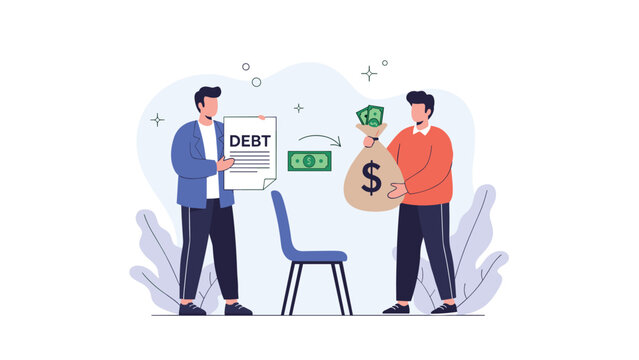 Financial transaction where one man hands over a large bag of money to another in exchange for a document labeled DEBT symbolizing loaning.