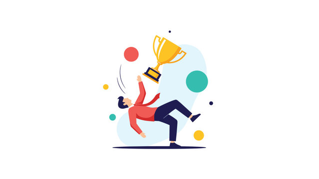 Disappointed man falls backwards while dropping a golden trophy to represent failure and loss of achievement.