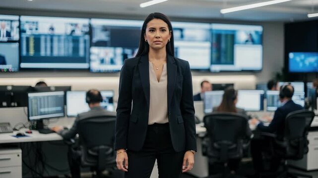 Confident businesswoman standing in modern office with people working on computers and multiple screens