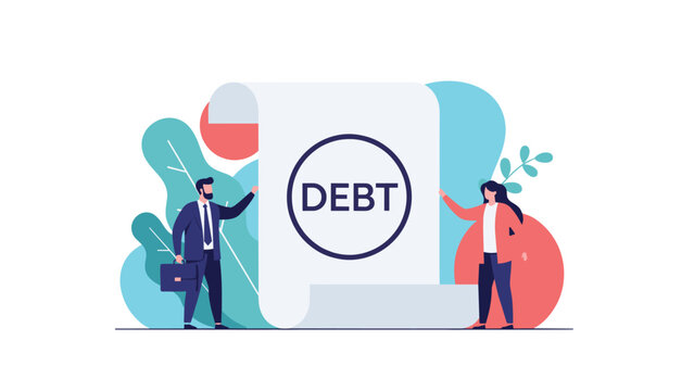 Man and woman stand next to a massive white scroll with the word debt printed inside a black circle for warning.