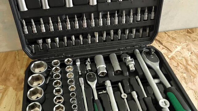 A large open case with ratchets, screwdriver attachments, hand tools. Car repair shop, garage
