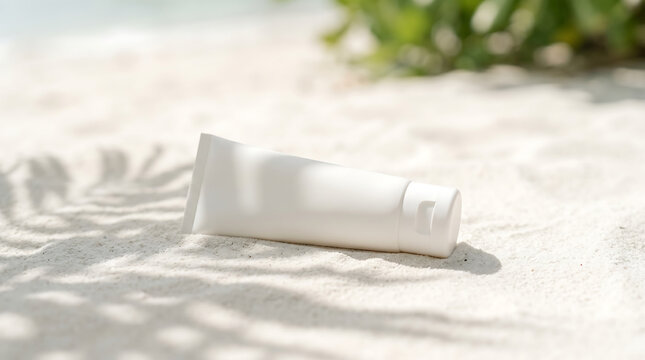 Blank white cosmetic tube mockup on white sand beach with tropical palm leaf shadows, concept of sunscreen and summer skincare.