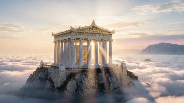 Ancient Greek temple on mountain peak with sun rays shining through columns and sea of clouds at sunrise