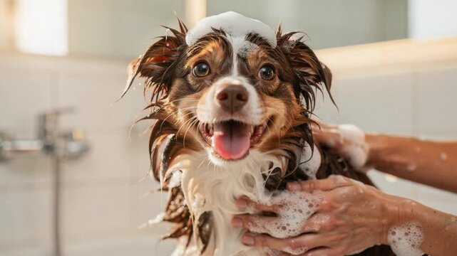 Happy dog enjoying a bath with soap bubbles and grooming care at home in bright bathroom