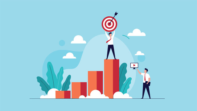 Man stands on top of a bar chart holding a target with an arrow above his head to celebrate reaching his goals.