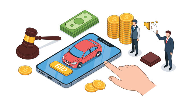 Professional online car auction concept displayed on a smartphone screen with an auctioneer gavel money and diverse bidders participating.