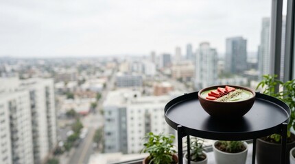 Fototapeta premium Green smoothie bowl with healthy toppings on a balcony overlooking city view.