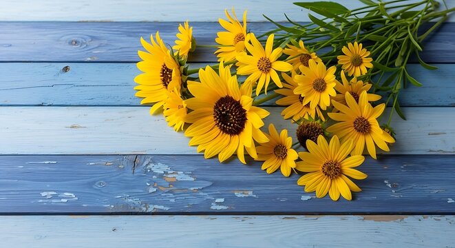 Vibrant yellow sunflowers a beautiful bouquet of summer flowers on wood