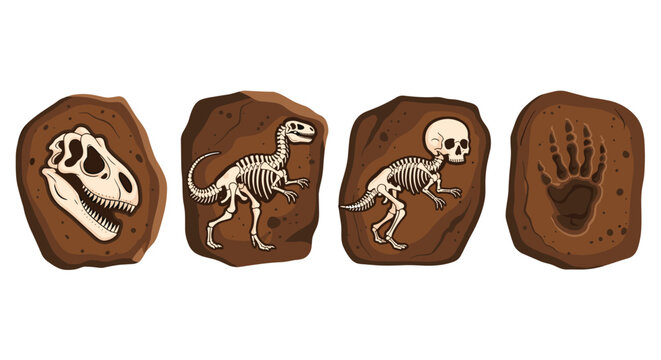 Detailed set of paleontological fossils embedded in stone featuring a t-rex skull dinosaur skeletons and a fossilized animal footprint.