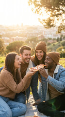 Fototapeta premium Diverse young friends laughing and eating pizza outdoors at sunset. Authentic joyful lifestyle stock photo with warm golden hour light and copy space for text.