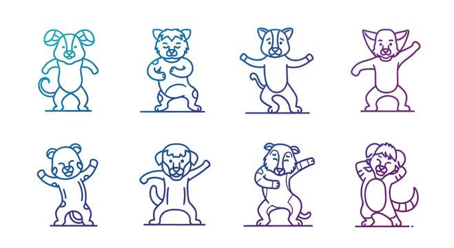 Cute Cartoon Animals Dancing Set, Cute Dog, Cat, Fox, Rabbit, Ram, Hamster, Ferret, Raccoon Icons