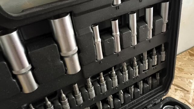 Metal ratchet attachments in a close-up of the tool case. Car repair shop. Repair tools