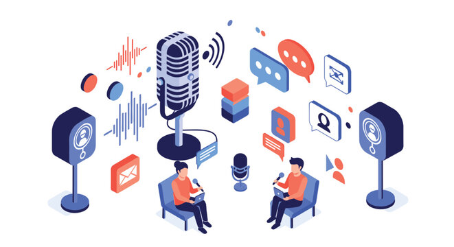 Isometric illustration of two podcasters recording an interview in a professional studio with microphones and audio recording symbols.