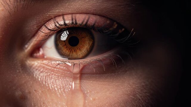Close up of a brown eye with a tear falling down showing emotion and human vulnerability