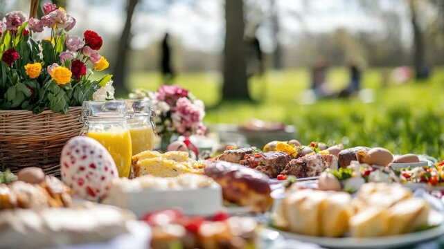 Delicious and colorful outdoor breakfast spread ready for guests on the grass.