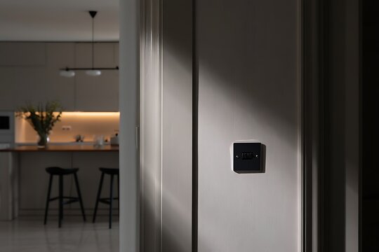 Black light switch on textured grey wall with blurred modern kitchen interior featuring cabinets, appliances, counter, bar stool, and decorative potted plant.