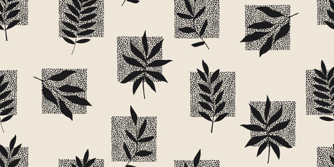 Obraz premium Black leaves with abstract dots. Vector repeating design for fabric, wallpaper or wrap papers