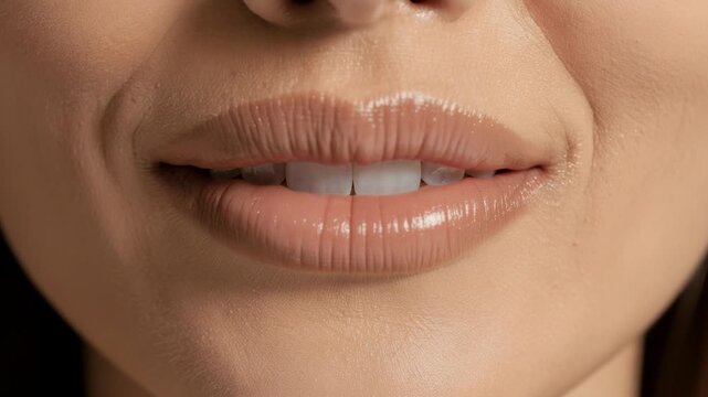 Close up of a smiling mouth with white teeth and natural glossy lips showing healthy skin detail