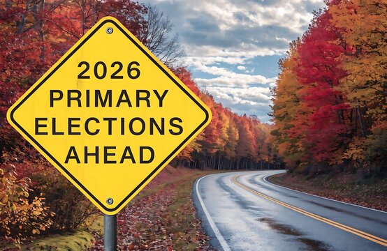 2026 Primary Elections Ahead Road Sign Along Winding Forest Highway In Autumn Voter Awareness