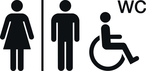 Black restroom sign with male, female, and wheelchair accessible symbols on a black background © Rakibul