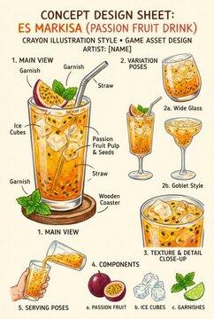 Concept Design Sheet of Passion Fruit Drink with Detailed Illustrations.