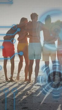 Vertical video: Five adults linking arms at beach AR HUD appearing frame2, masking group for tech