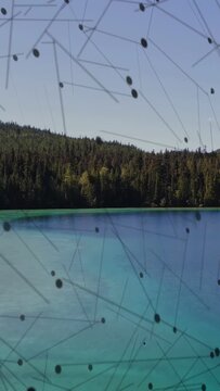 Vertical video: Turquoise lake trees resting at frame two lines appearing forming web covering view