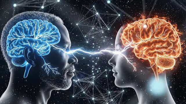 Human brains facing each other in space symbolizing digital transformation and future innovation