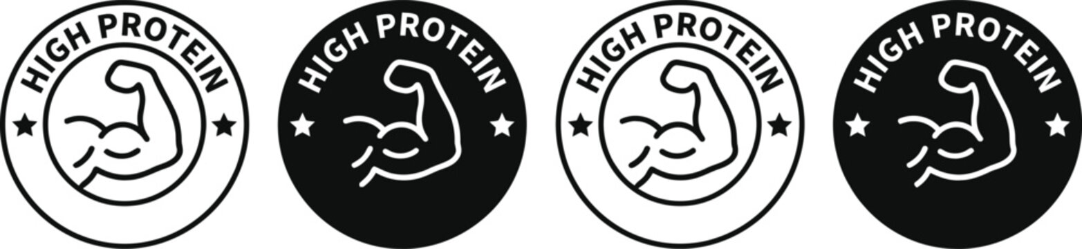 Four circular with a flexing bicep symbol and protein text on white background muscle