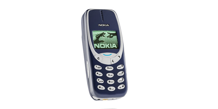 New York April 24 2026: Nokia classic vintage mobile cell phone displaying connecting hands logo pure white background telecommunication technology old device mockup